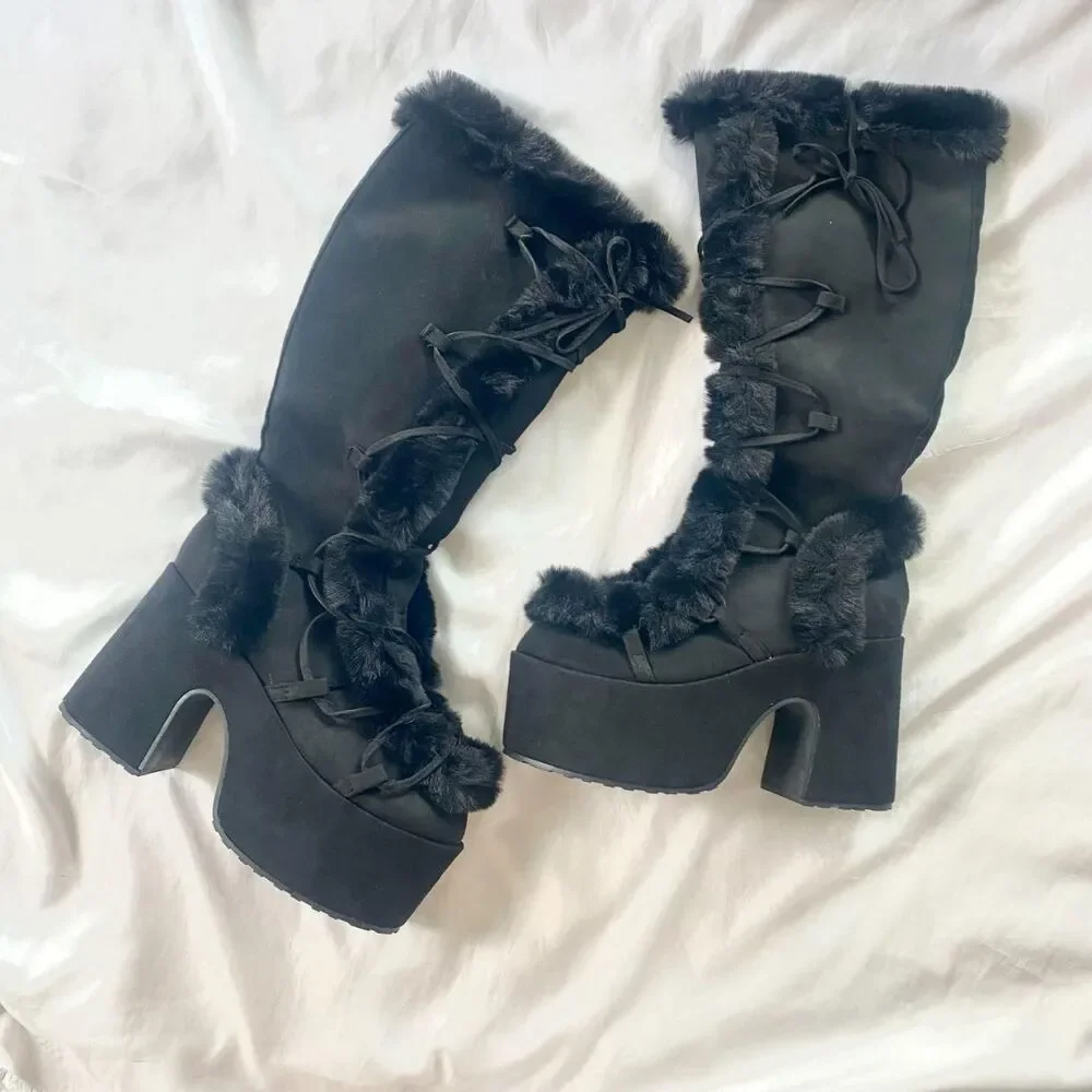 Stacked Platform Black Faux Suede Faux Fur Chunky Lace Up Destroyer Boots US 9